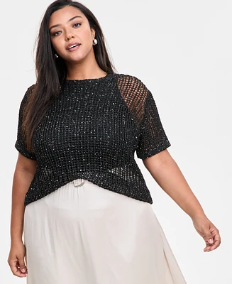 Bar Iii Trendy Plus Crochet Short-Sleeve Sweater, Exclusively at Macy's