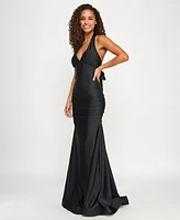 Emerald Sundae Juniors' Ruched Sleeveless Halter Gown