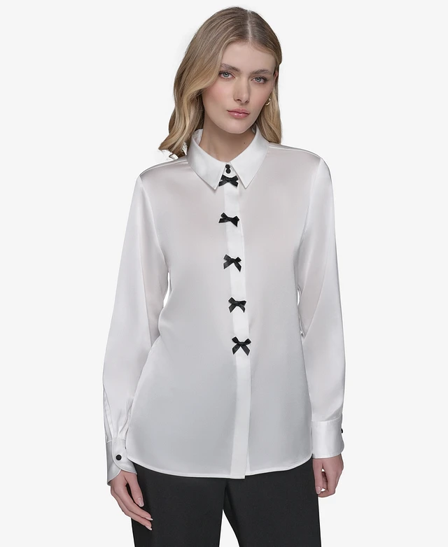 Karl Lagerfeld Paris Women's Bow-Detail Collared Button-Down Blouse | Arden Fair Karl Lagerfeld Paris Women's Bow-Detail Collared Button-Down Blouse | Arden Fair