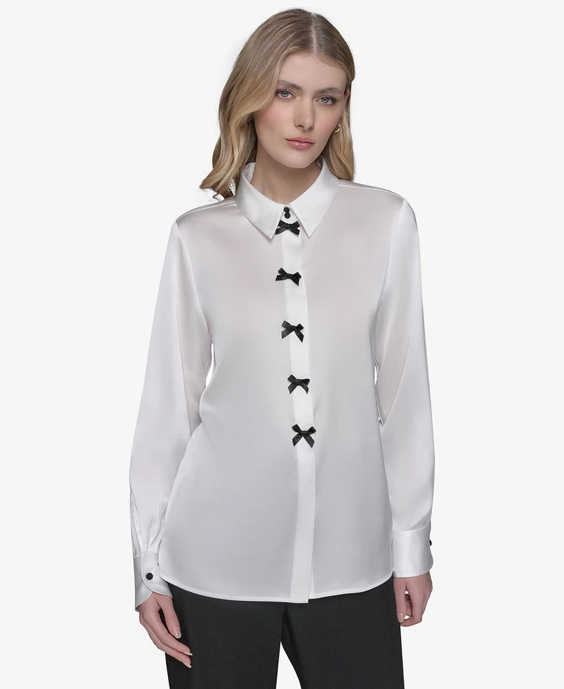 Karl Lagerfeld Paris Women's Bow-Detail Collared Button-Down Blouse