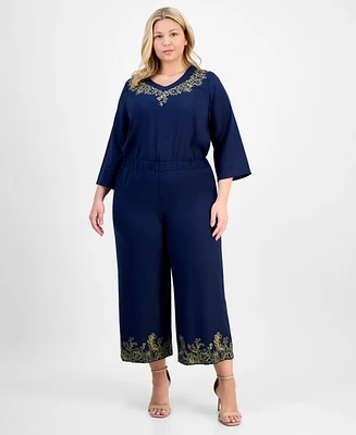 Jm Collection Plus Metallic Embroidered-Hem Capri Pants, Exclusively at Macy's