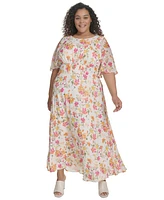 Calvin Klein Plus Floral-Print Flutter-Sleeve Maxi Dress