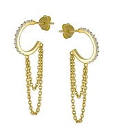 Bling Jewelry Trendy Cz Stud Earrings with Double Chain Huggie Hoop in Gold Plated Sterling Silver