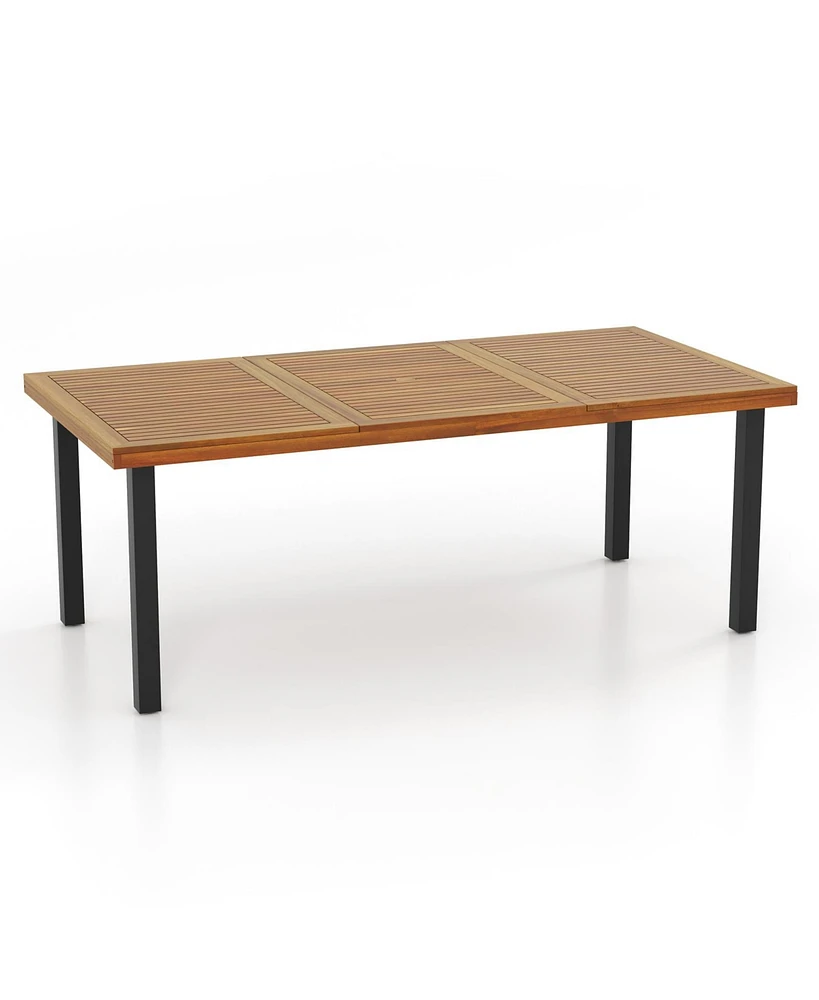 Acacia Wood Dining Table 8-Person Patio Table with Umbrella Hole and Adjustable Foot Pads
