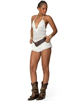 Edikted Womens Lanney Ruffled Sheer Lace Romper