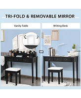 Vanity Table Stool Set with Large Tri-folding Lighted Mirror