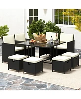 9 Pcs Outdoor Dining Furniture Set with Tempered Glass Table and Ottomans