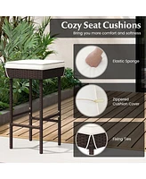 Patio Rattan Barstools Set of with Footrest and Soft Cushions for Backyard Balcony