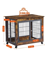 Furniture Style Dog Crate Side Table on Wheels with Double Doors and Lift Top. Rustic Brown