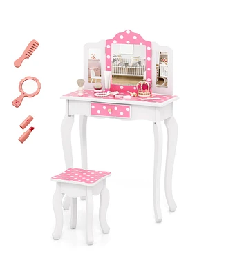 Princess Pretend Play Makeup Dressing Table with Cute Polka Dot Print Fun Vanity Set for Kids