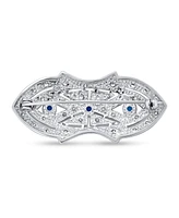 Bling Jewelry Art Deco Brooche Pin with Blue Cz Cubic Zirconia Rhodium Plated