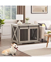 Farmhouse Dog Cage Crate Furniture with Sliding Barn Door Gray
