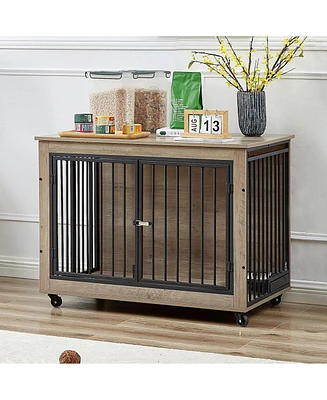 Furniture Style Dog Crate Side Table With Rotatable Feeding Bowl, Wheels, Three Doors, Flip-Up Top Opening. Indoor, Grey