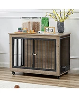 Furniture Style Dog Crate Side Table With Rotatable Feeding Bowl, Wheels, Three Doors, Flip-Up Top Opening. Indoor, Grey