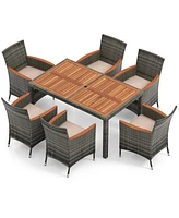 7 Pieces Patio Acacia Wood Cushioned Pe Rattan Wicker Dining Set