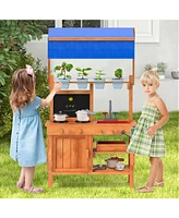 Wooden Pretend Play Kitchen with Height Adjustable Canopy for Kids