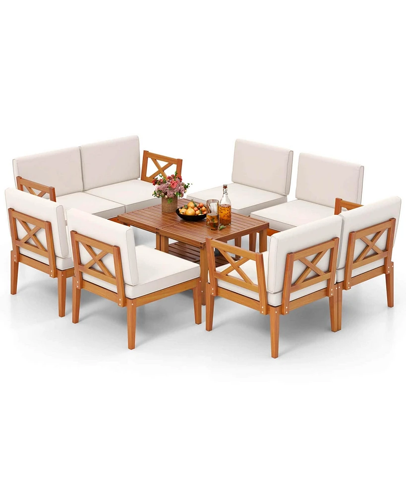 10 Pcs Acacia Wood Patio Furniture Set with Cushions and 2-Tier Coffee Table