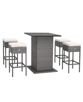 5 Pieces Outdoor Wicker Bar Table Set with Hidden Storage Shelves