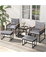 Gymax 5 Piece Patio Conversation Set Pe Rattan Wicker Chairs w/ 2 Ottomans Soft Cushions