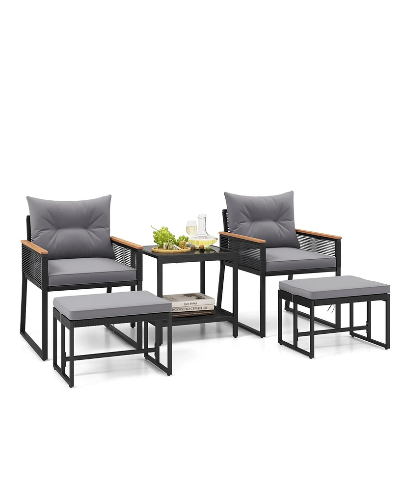 Gymax 5 Piece Patio Conversation Set Pe Rattan Wicker Chairs w/ 2 Ottomans Soft Cushions