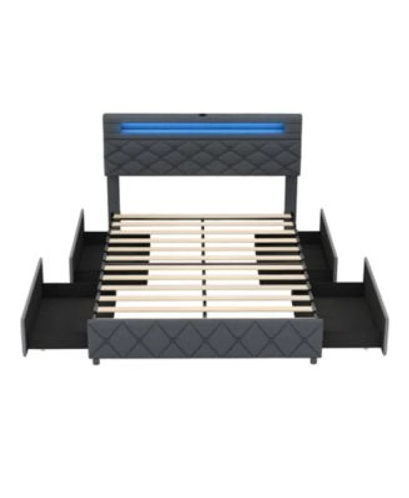 Bed Frame with Adjustable Storage Headboard Wooden Slat Support