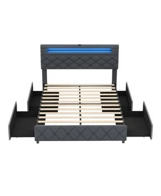 Bed Frame with Adjustable Storage Headboard Wooden Slat Support