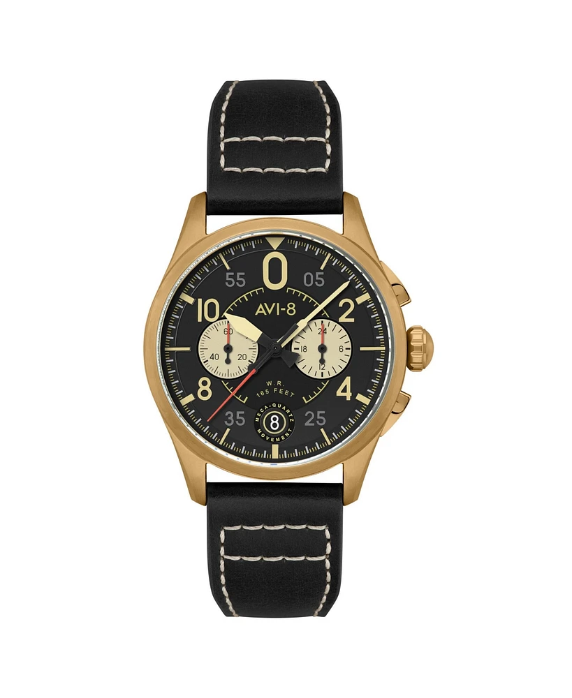 Avi-8 Men's Spitfire Lock Chronograph Black Leather Strap Watch