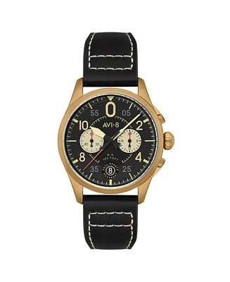 Avi-8 Men's Spitfire Lock Chronograph Black Leather Strap Watch