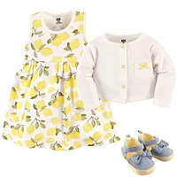 Hudson Baby Girls Cotton Dress, Cardigan and Shoe 3pc Set, Lemon, 9-12 Months