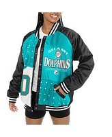 Gameday Couture Women's Black/Aqua Miami Dolphins Oversized Hot Shot Rhinestone Throwback Full-Snap Varsity Bomber Jacket