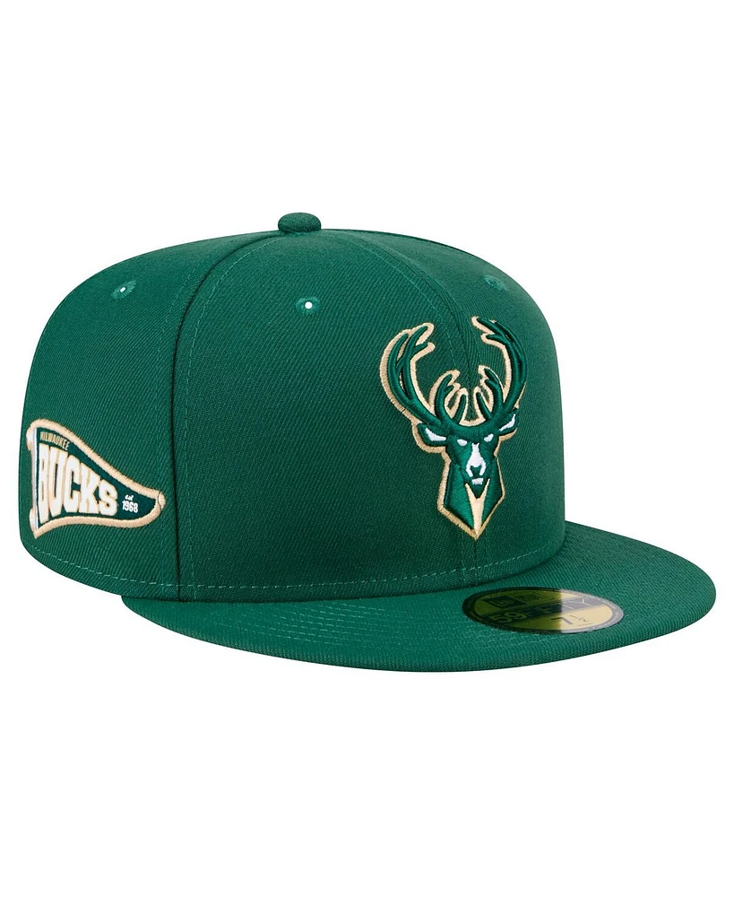 New Era Men's Hunter Green Milwaukee Bucks Throwback Pennant 59FIFTY Fitted Hat