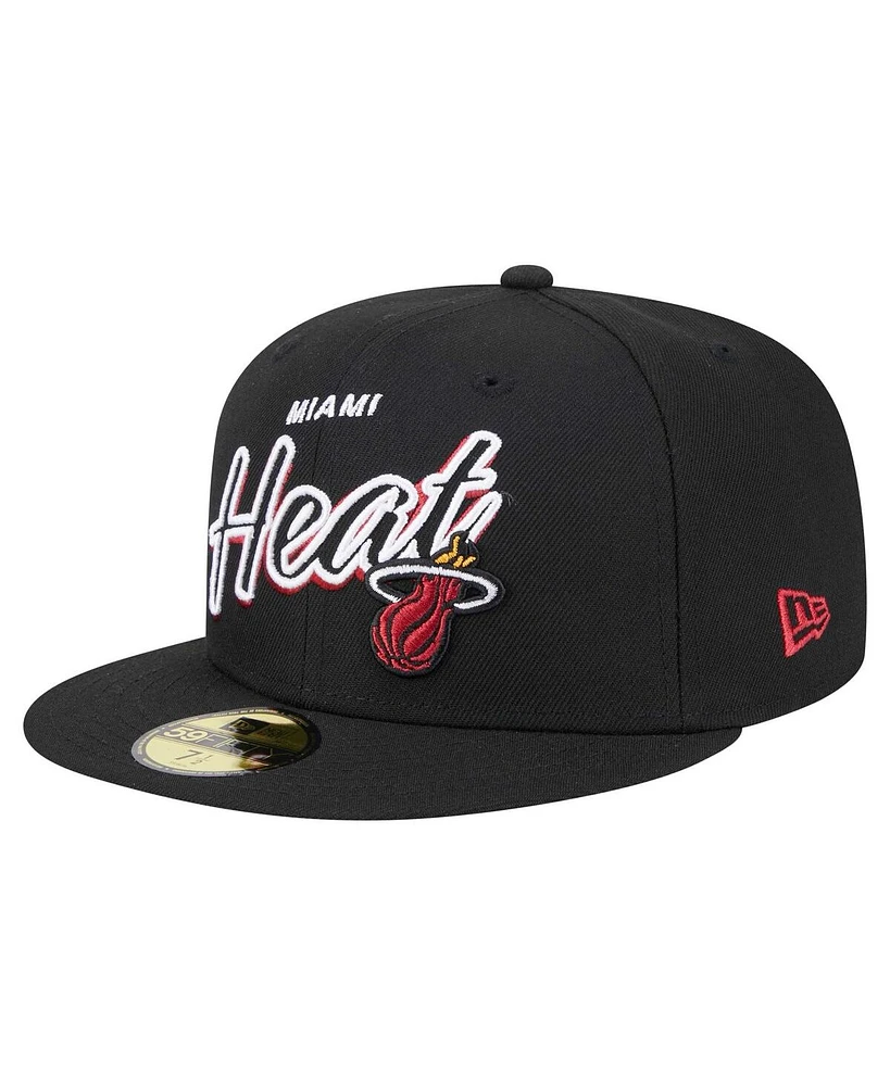 New Era Men's Black Miami Heat Sport Night Script Sided 59FIFTY Fitted Hat