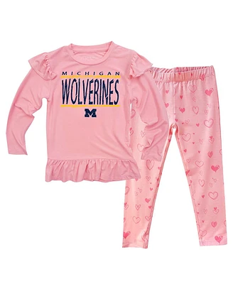 Wes & Willy Baby Boys and Girls Pink Michigan Wolverines Heart Print Ruffle Long Sleeve T-Shirt and Pants Sleep Set