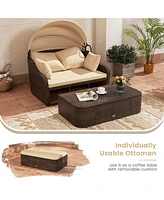 Patio Pe Rattan Daybed with Retractable Canopy Soft Cushions and Extra Pillows