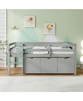 Low Loft Bed with 3 Drawers Ladder and Full-length Guardrails
