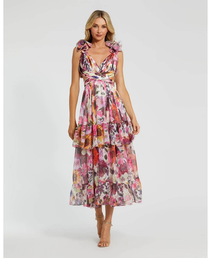 Women's Ruffle Tiered Cut-Out Floral Chiffon Dress