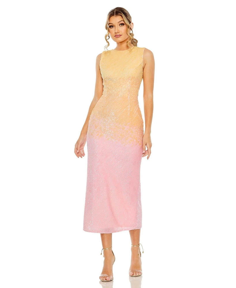 Women's High Neck Ombre Sequin Midi Sheath Dress