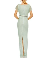 Women's Short Sleeve Beaded V-Neck Gown