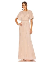 Women's High Neck Flutter Sleeve Embellished Gown