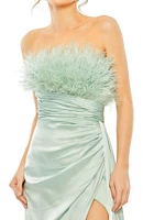 Women's Strapless Feather Detail Satin Gown