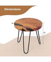 20" Round Teak Wood End Table Solid Live Edge Outdoor Side Table with Metal Frame
