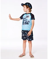 Boy Printed Swim Trunks Light Blue Beach On Black - Toddler|Child