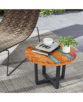 24" Round Teak Wood End Table with Epoxy Resin Tabletop Mahogany Base for Patio