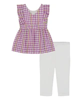 Kids Headquarters Toddler and Little Girls 2-Piece Gingham Apron Tunic Top Capri Legging Set