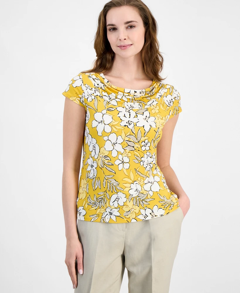 Kasper Women's Floral-Print Cowlneck Cap-Sleeve Top