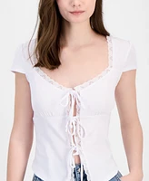 Just Polly Juniors' Lace Trimmed Tie-Front T-Shirt