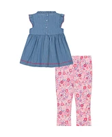 Kids Headquarters Toddler and Little Girls 2-Piece Embroidered Trim Chambray Tunic Top Floral Capri Leggings Set