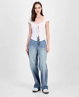 Just Polly Juniors' Lace Trimmed Tie-Front T-Shirt