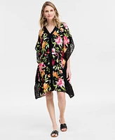Jm Collection Women's Printed V-Neck Tie-Waist Kaftan Dress, Exclusively at Macy's