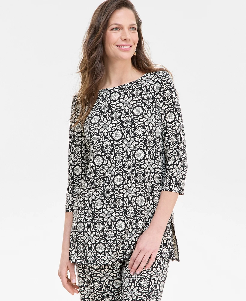 Jm Collection Women's Printed Boat-Neck 3/4 Sleeve Top, Exclusively at Macy's